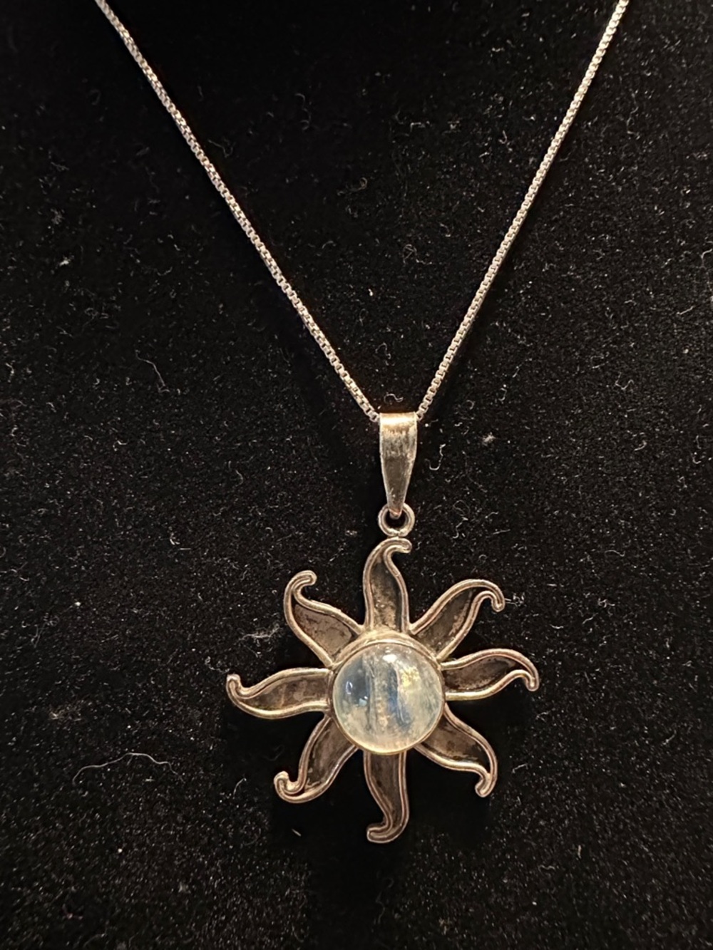 Source Unknown Silver Sunburst Necklace with Blue Moonstone